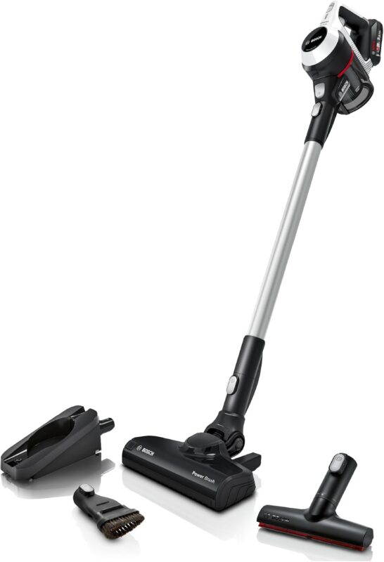 Bosch Akku-Staubsauger Unlimited 6 BCS611AM, kabelloser Handstaubsauger, beutellos, leicht, Hygiene-Filter, 10 Jahre Motorgarantie, hohe Saugleistung, Lange Laufzeit, alle Bodenarten, weiß