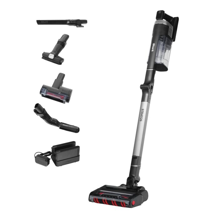 Shark Stratos Akku-Staubsauger freistehend, bis 60 Min. Laufzeit, kabellos, beutellos, für Tierhaare, Allergiker, Teppich und Hartböden, mit Auto-Kit und Knickgelenk-Rohr, grau/roségold, IZ400EUTBK