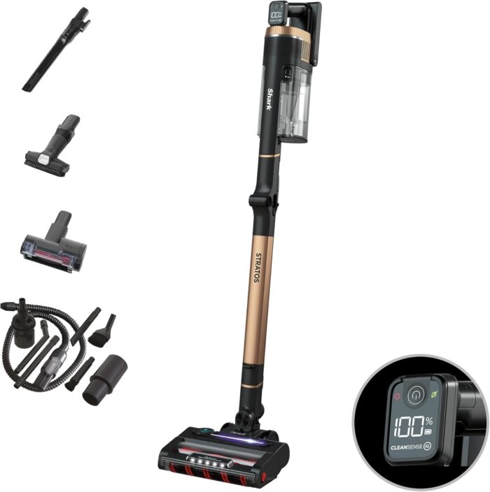 Shark Stratos Akku-Staubsauger freistehend, bis 60 Min. Laufzeit, kabellos, beutellos, für Tierhaare, Allergiker, Teppich und Hartböden, mit Auto-Kit und Knickgelenk-Rohr, grau/roségold, IZ400EUTBK