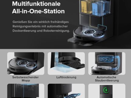 roborock Qrevo Serie Saugroboter mit Wischfunktion, 8000Pa Saugkraft(verbessert von Qrevo S), Anti-Verfilzungs-Seitenbürste, Hindernisvermeidung, LiDAR-Navigation, All-in-One Dock,Schwarz(QV 35A Set)