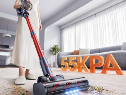 Akku Staubsauger Kabellos 600W 50KPa, Akkustaubsauger mit 65 Min Laufzeit, Selbststehender Stabstaubsauger mit Wandhalterung & Ladefunktion, Touchscreen, Für Teppich, Hartboden & Tierhaare