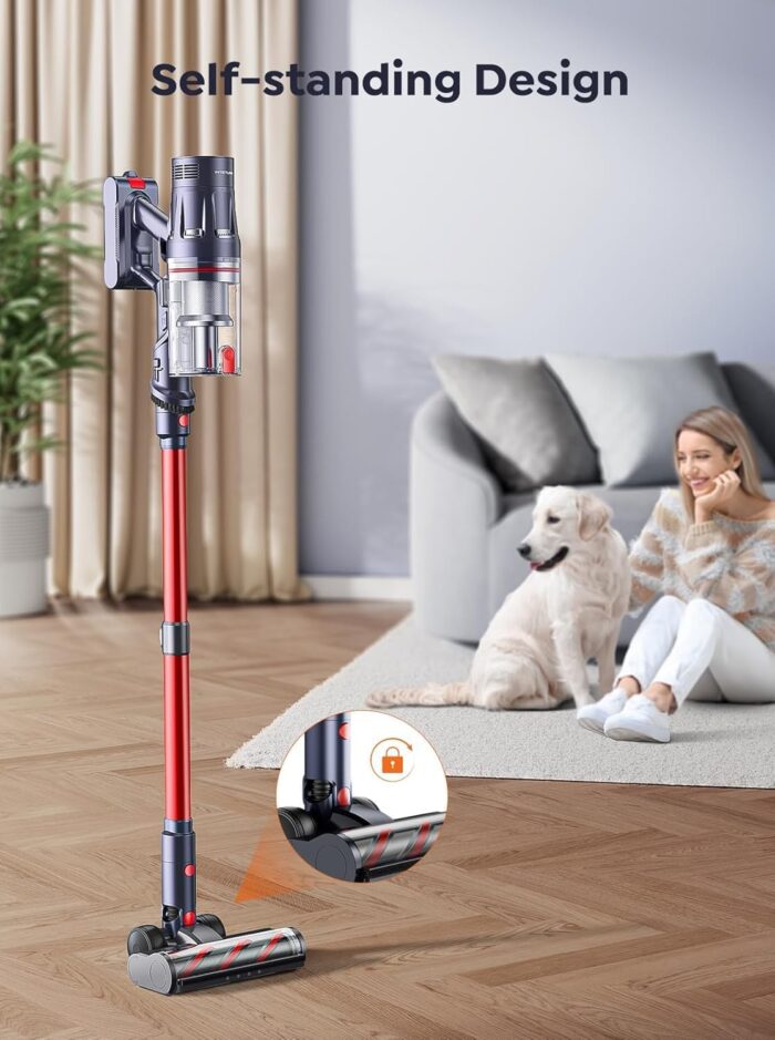 Akku Staubsauger Kabellos 600W 50KPa, Akkustaubsauger mit 65 Min Laufzeit, Selbststehender Stabstaubsauger mit Wandhalterung & Ladefunktion, Touchscreen, Für Teppich, Hartboden & Tierhaare