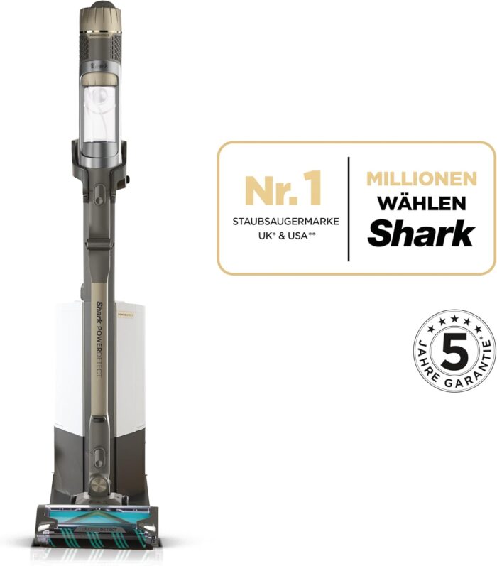 Shark PowerDetect Clean & Empty Akku-Staubsauger mit Absaugstation, bis 70 Min. Laufzeit, kabellos, selbstentleerend, für Tierhaare, Allergiker, Teppich und Hartböden, mit LED-Licht, Gold, IP3253EUT