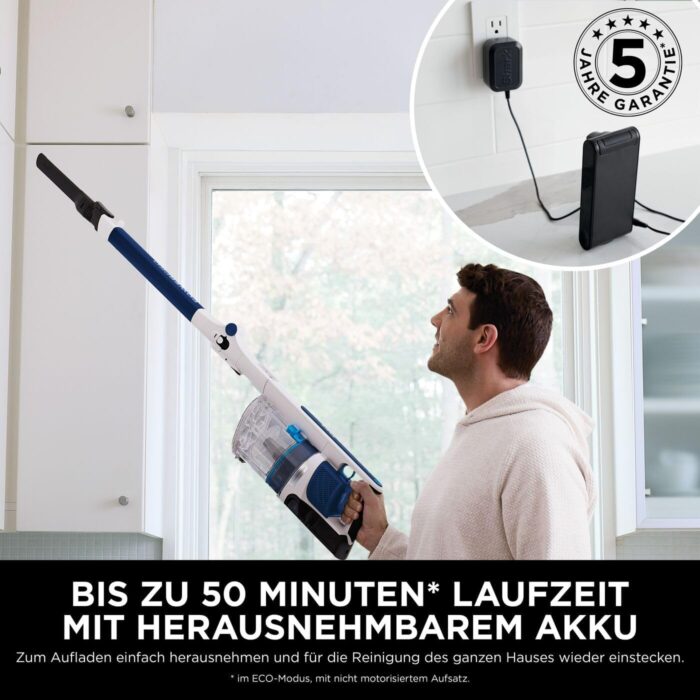 Shark PowerPro Akku-Staubsauger freistehend, bis 50 Min. Laufzeit, kabellos, beutellos, für Tierhaare, Allergiker, Teppich und Hartböden, mit LED-Licht und Knickgelenk-Rohr, Navyblau, IZ380EU