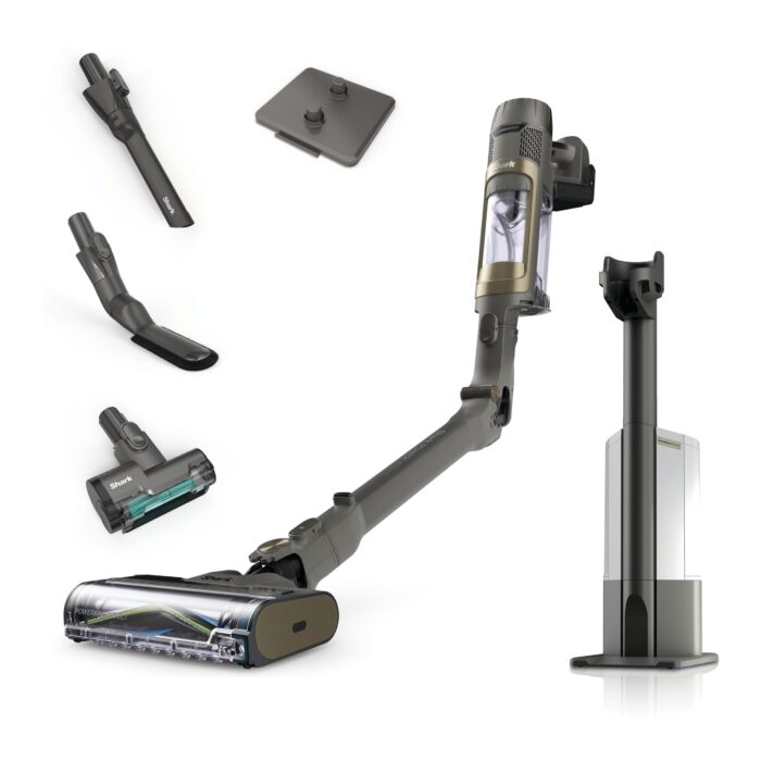 Shark PowerDetect Clean & Empty Akku-Staubsauger mit Absaugstation, bis 70 Min. Laufzeit, kabellos, selbstentleerend, für Tierhaare, Allergiker, Teppich und Hartböden, mit LED-Licht, Gold, IP3253EUT