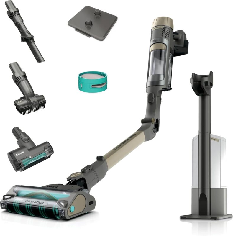 Shark PowerDetect Clean & Empty Akku-Staubsauger mit Absaugstation, bis 70 Min. Laufzeit, kabellos, selbstentleerend, für Tierhaare, Allergiker, Teppich und Hartböden, mit LED-Licht, Gold, IP3253EUT