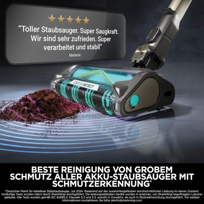Shark PowerDetect Clean & Empty Akku-Staubsauger mit Absaugstation, bis 70 Min. Laufzeit, kabellos, selbstentleerend, für Tierhaare, Allergiker, Teppich und Hartböden, mit LED-Licht, Gold, IP3253EUT