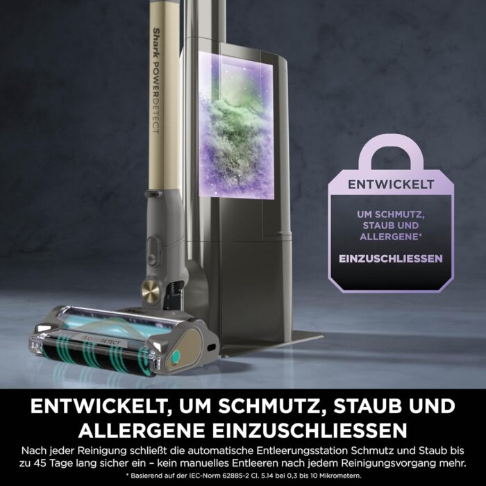 Shark PowerDetect Clean & Empty Akku-Staubsauger mit Absaugstation, bis 70 Min. Laufzeit, kabellos, selbstentleerend, für Tierhaare, Allergiker, Teppich und Hartböden, mit LED-Licht, Gold, IP3253EUT