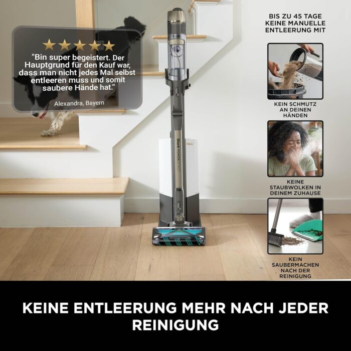Shark PowerDetect Clean & Empty Akku-Staubsauger mit Absaugstation, bis 70 Min. Laufzeit, kabellos, selbstentleerend, für Tierhaare, Allergiker, Teppich und Hartböden, mit LED-Licht, Gold, IP3253EUT