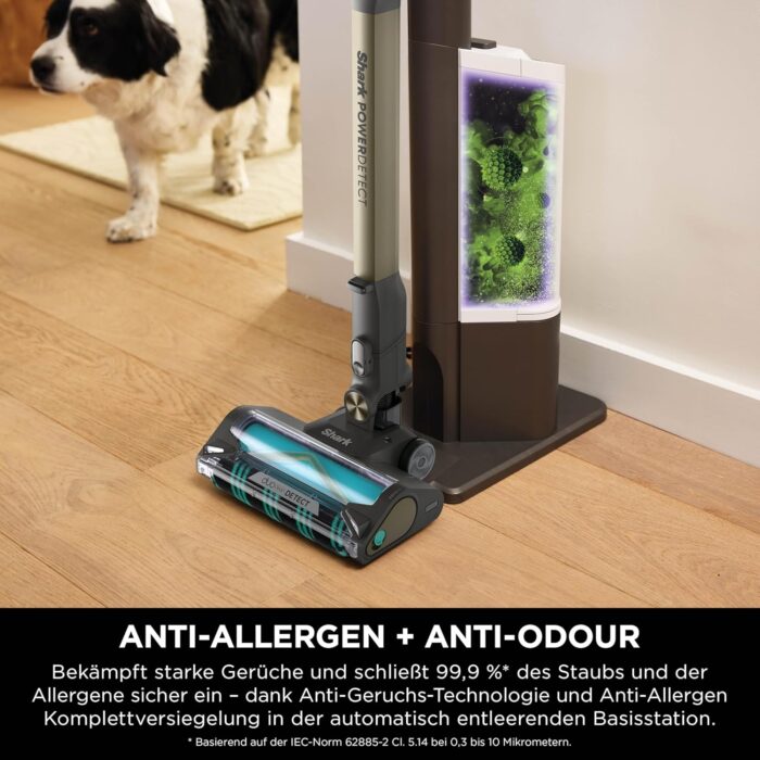 Shark PowerDetect Clean & Empty Akku-Staubsauger mit Absaugstation, bis 70 Min. Laufzeit, kabellos, selbstentleerend, für Tierhaare, Allergiker, Teppich und Hartböden, mit LED-Licht, Gold, IP3253EUT