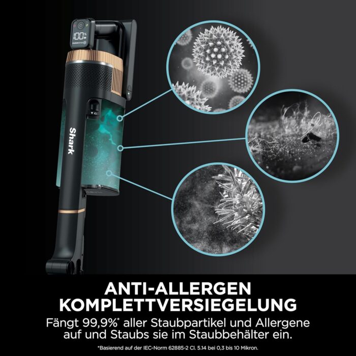 Shark Stratos Akku-Staubsauger freistehend, bis 60 Min. Laufzeit, kabellos, beutellos, für Tierhaare, Allergiker, Teppich und Hartböden, mit Auto-Kit und Knickgelenk-Rohr, grau/roségold, IZ400EUTBK