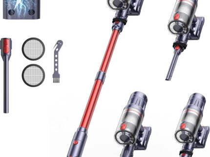 Akku Staubsauger Kabellos 600W 50KPa, Akkustaubsauger mit 65 Min Laufzeit, Selbststehender Stabstaubsauger mit Wandhalterung & Ladefunktion, Touchscreen, Für Teppich, Hartboden & Tierhaare