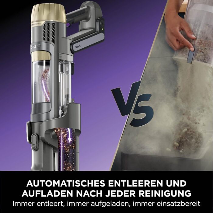 Shark PowerDetect Clean & Empty Akku-Staubsauger mit Absaugstation, bis 70 Min. Laufzeit, kabellos, selbstentleerend, für Tierhaare, Allergiker, Teppich und Hartböden, mit LED-Licht, Gold, IP3253EUT