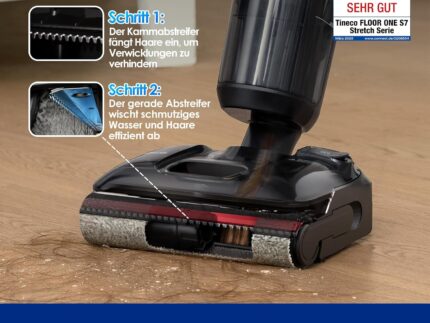 Tineco Floor ONE S7 Stretch Ultra Nass Trockensauger, 180° Lay-Flat Nasssauger, 85°C 5 Min Flashdry-Selbstreinige, 50 Min Laufzeit, DualBlock Anti-Tangle, Beide Kantenreinigen, Reinigen unter Möbeln