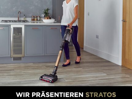 Shark Stratos Akku-Staubsauger freistehend, bis 60 Min. Laufzeit, kabellos, beutellos, für Tierhaare, Allergiker, Teppich und Hartböden, mit Auto-Kit und Knickgelenk-Rohr, grau/roségold, IZ400EUTBK